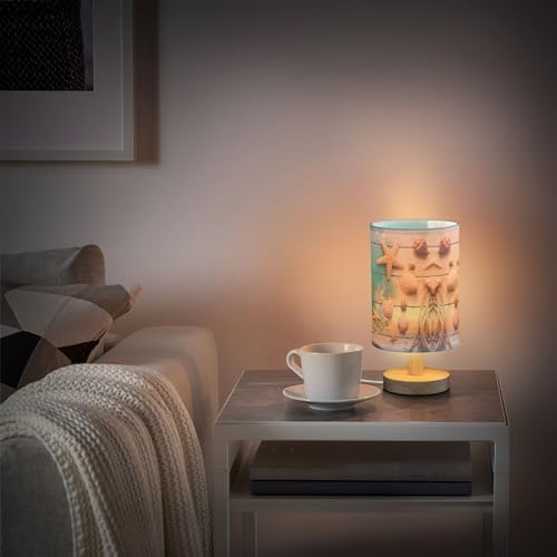 Table Lamp Summer Seashell Starfish Rope Sand on Blue Wood Nightstand Lamp with Wood Base Fabric Lamp Shade Bedside Desk Lamp for Living Room Bedroom Kids Room Office