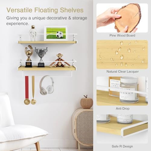 Forbena Natural Wood Bathroom Floating Shelves for Wall Set of 2, Light Wood Wall Shelves with Rail for Bathroom Nursery Office (Natural Wood and White)