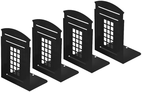 MerryNine 4 Pack Book Ends, Metal Bookends for Shelves, Telephone Booth Decorative Bookends, Non Skid Heavy Bookends, Book, Magazine or CD Organizers for Home and Office (Black-4pcs)