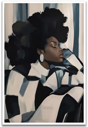 Black Woman Canvas Wall Art African American Wall Decor, 16"x24" Unframed | Abstract Black Girl Art Poster, Contemplative Afro Woman Portrait Painting Print, Feminine Energy Poster for Bedroom Decor