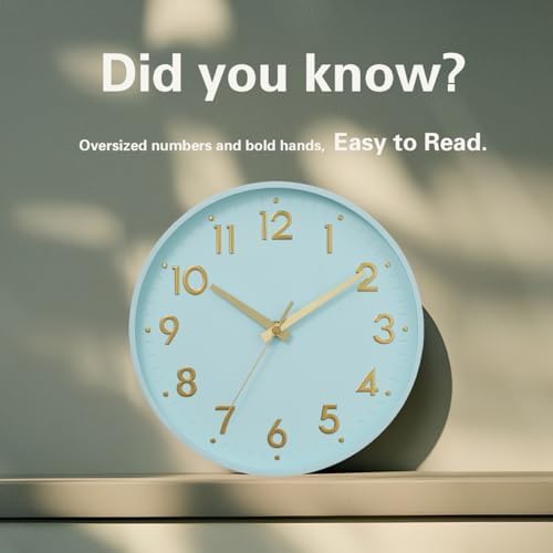 Mosewa Small 8 Inch Wall Clock Battery Operated Silent Non Ticking Analog | Aqua Blue modern clock; oversized 3D easy-read dial for kitchen, bedroom & office; 1 AA battery (not included)