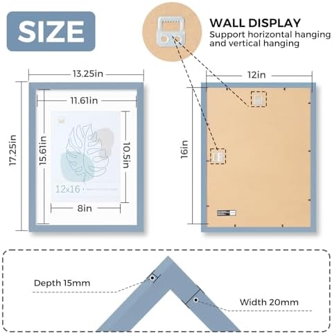 Muzilife Blue 12x16 Wood Picture Frame with Mat, Real Glass Cover, 1 Pack