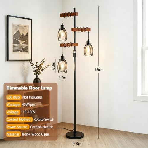 Industrial Floor Lamps for Living Room, Stable Standing Lamp with Metal Cage Shade, Wood Floor Lamp for Bedroom Reading Office, Dimmable Tall Lamp Rustic Home Decor Corner Lamp