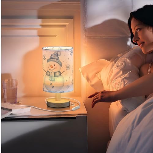 Cute Snowman Snowflake Blue and White Winter Bedside Table Lamps with USB Port for Bedroom Lamp Accent Table Lamp Small Nightstand Lamp Sturdy Linen Shade Wooden Decorative Lamps for Kids|Dorm|Home
