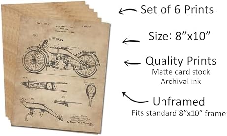 Harley Motorcycle Garage Wall Art Decor, Set of 6 Wall Art, 8"x10" Unframed | Technical Drawings Suit Bikers and Riders, With Ready-to-Mount Designs for Man Caves, Offices, Workshops or Gift Giving