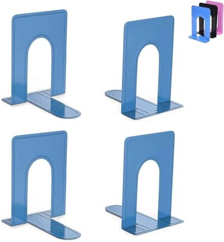 Optomni Bookends, Book End Supports Heavy Duty Metal Bookend Support, Book Ends Supports for Shelves Decor Home Office School (2 Pairs/4 Pieces, Blue)