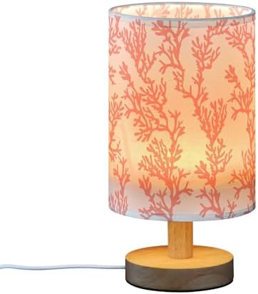 Table Lamp Red Coral Pattern Tropical Ocean Plant Design Nightstand Lamp with Wood Base Fabric Lamp Shade Bedside Desk Lamp for Living Room Bedroom Kids Room Office