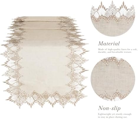 Phantomon Neutral Linen Table Runner 72 Inches Beige Embroidered Runner Lace Centerpiece for Dresser Tops, Dining Tables, Coffe Table and Home Decorations for Farmerhouse (Beige, 16 X 72 Inch)