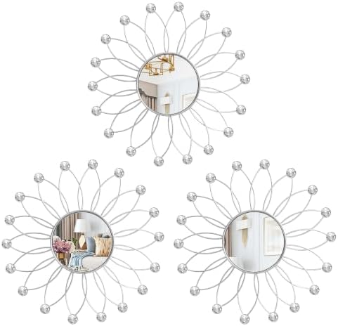 3 Pack Metal Mirrors for Wall Sunburst Wall Mirrors Home Décor Decorative Hanging Wall Art for Living Room Bedroom Entryway (Silver2 Crystal, Flowers)