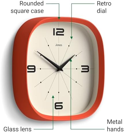 JONES CLOCKS® Pulsar wall Clock | Square Rounded Retro Clock | 10" | Orange | Cool Designer Look for Kitchen, Living Room or Office