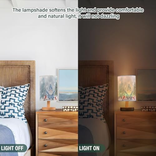Winter Happy Gnomes Red Bird Xmas Tree Bedside Table Lamps with USB Port for Bedroom Lamp Accent Table Lamp Small Nightstand Lamp Sturdy Linen Shade Wooden Decorative Lamps for Home|Kids|Holiday