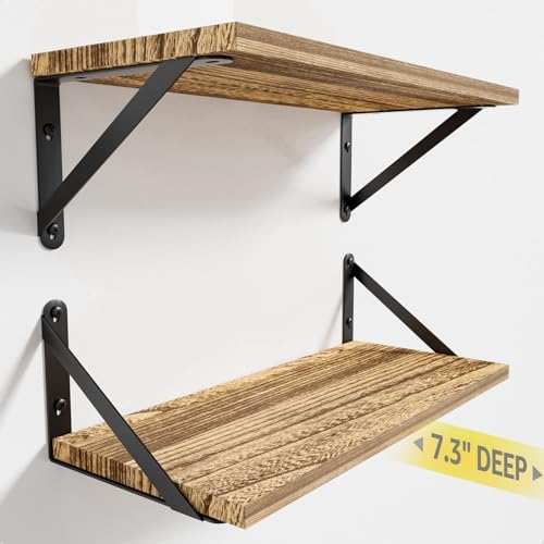 COCOYA Wall Shelves 7.3" Deep Solid Paulownia Wood (Light Brown, Set of 2)