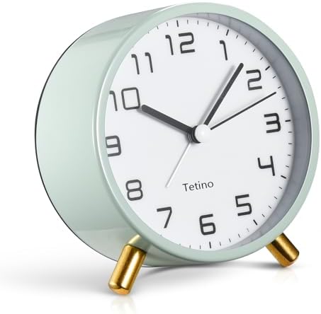 Tetino Analog Alarm Clocks,Retro Metal Desk Silent Non Ticking Small Clock with Night Light,Battery Operated,Simple Design,for Bedrooms, Bedside,Office,Home Décor (Green)