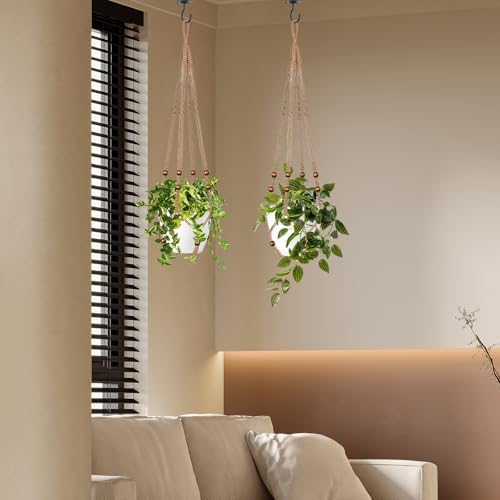 LEWESU Jute Macrame Plant Hanger Indoor Set of 2 Hanging Planter Basket Flower Pot Holder with Decorative Wood Beads & No Tassels for Indoor Outdoor Boho Home Decor, 35 Inch Brown (Pots Not Included)
