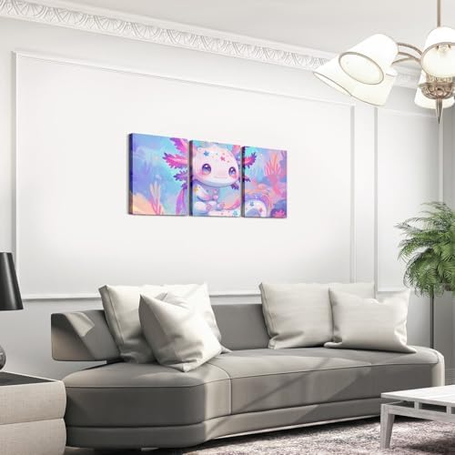 Feelyou Axolotl Canvas Wall Art for Living Room Pink Cartoon Axolotl Wall Decor for Bedroom Bathroom Wall Decor Kawaii Paintings Seaweed Pictures Artwork Office Pictures Home Decor 12" x 16" 3 Piece