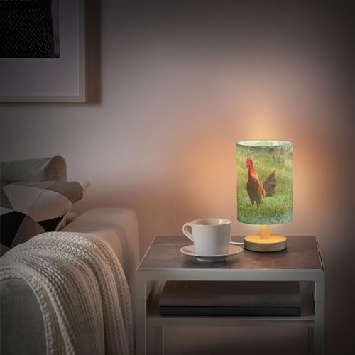 Gamecock Chicken Rooster Cock in Green Field Grass Woodland Table Lamp with Wood Base Fabric Lamp Shade Bedside Nightstand Desk Lamp for Living Room Bedroom Kids Room Office