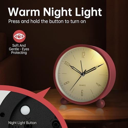 Analog Alarm Clock, 4 inch Super Silent Non Ticking Small Clock with Night Light, Battery Operated, Simple Design, Old Fashioned Style Wine-red Decor, for Bedroom, Bedside, Desk, Adult, Gift, Red