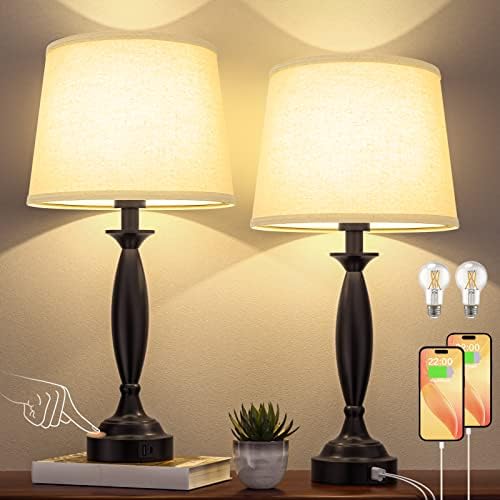 Bedroom Lamps for Nightstand, 3 Way Dimmable Black Bedside Lamps with USB