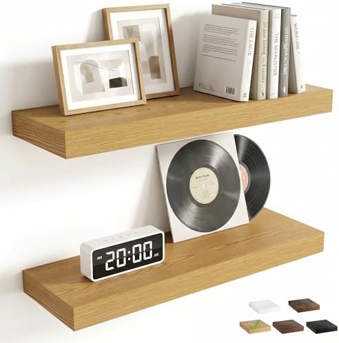 FLYJOE 20 Inch Floating Shelves for Wall Set of 2, 6.5" D Wood Grain Bathroom Shelves with Invisible Brackets, Easy Install Engineered Wood Storage Shelves for Kitchen, Living Room, Bedroom