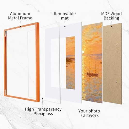 Fun Memories 8.5x11 Metal Picture Frame- 8.5x11 Aluminum Photo Frames with 6x8 Mat, High-Definition Plexiglass Front, and Hanging Hardware - Ideal for Wall or Tabletop Display (Orange, Pack of 1)