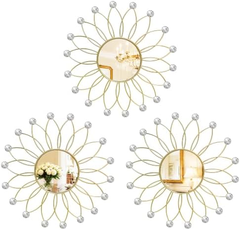 3 Pack Metal Mirrors for Wall Sunburst Wall Mirrors Home Décor Decorative Hanging Wall Art for Living Room Bedroom Entryway (Gold2 Crystal, Flowers)