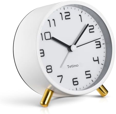 Tetino Analog Alarm Clocks,Retro Metal Desk Silent Non Ticking Small Clock with Night Light,Battery Operated,Simple Design,for Bedrooms, Bedside,Office,Home Décor (White)