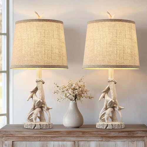 23'' Farmhouse Table Lamps for Bedroom Rustic Deer Antler Table Lamps Set of 2 Bedside Nightstand Lamp Western Log Cabin Lamp for Living Room Study Room Desk, White