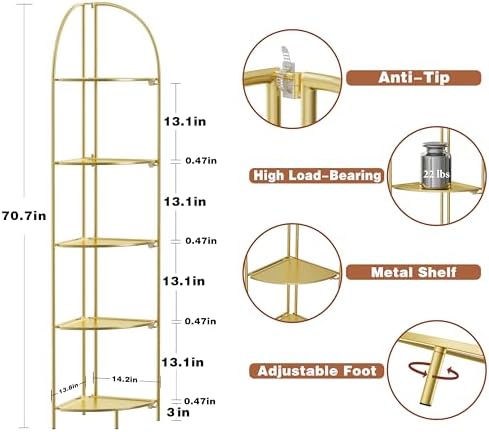 Crofy 5-Tier Foldable Corner Shelf, Metal Gold Frame & Shelves