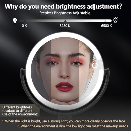 MIYADIVA Makeup Mirror with Lights,20X Magnifying Mirror with Light and Touch Switch,Vanity Mirror with 3 Color Light and 80 LEDs,2-Sided Lighted Magnified Mirrors 8.8 Inches, Black