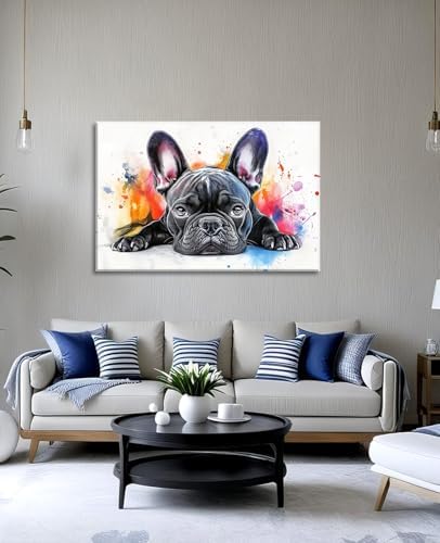 French Bulldog Canvas Art Wall Decor Framed Watercolor Bulldog Picture Pet Dog Painting Modern Graffiti Artwork for Living Room Home Office Bathroom Ready to Hang - 16.00"x24.00"