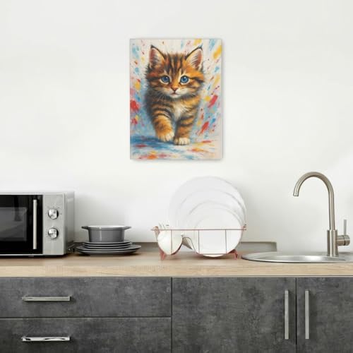 Graffiti Cat Wall Art Cute Cat Painting Canvas Wall Decor Kitten Picture Framed Artwork Decoration Gifts for Lover Women Girl Bathroom Bedroom Kitchen Living Room Office 12"x16"