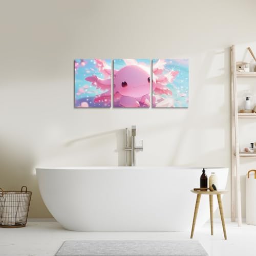 Feelyou Kids Cartoon Axolotl Wall Painting Posters Cute Pink Salamander Wall Decor Boys Girls Ocean Animals Canvas Wall Art for Living Room Bedroom Pink Cherry Blossom Bathroom Wall Art