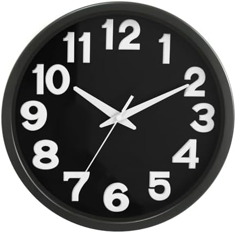 Caysie 12 Inch Large 3D Numbers Silent Non Ticking Wall Clock, Modern Quartz Battery Operated Round Clock, Decorative for Kitchen, Bedroom, Living Room, Office (Black)