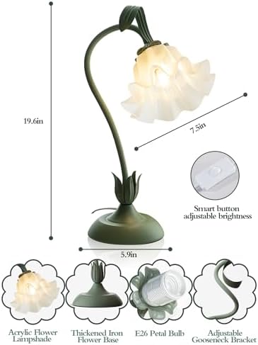 Flower Table Lamp, LED Reading Light Bedside Vintage Night Light (Green)