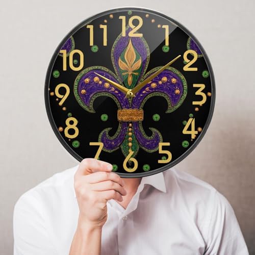 Naanle Mardi Gras Holiday Fleur De Lis Round Wall Clock, 12 Inch Silent Battery Operated Quartz Analog Quiet Desk Clock for Home,Office,School