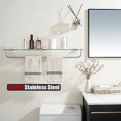 JQK Bathroom Glass Shelf, Shelf with 29 Inch Towel Bar Tempered Glass Shower Storage 30 by 5 inches, 304 Stainless Steel Brushed Finish Wall Mount, TGS100L30-BN