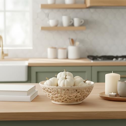SIDUCAL Ceramic Fruit Bowl for Kitchen Counter,Decorative Fruit Basket with Holes, 10.43" Large Hollow Out Fruit Vegetable Holder Bowl for Table Decor, Beige