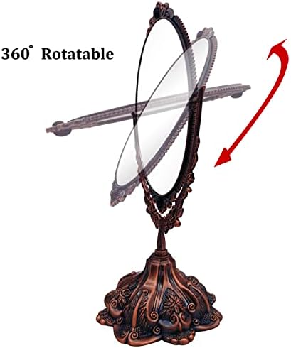 Hsiwto Vintage Double Side Makeup Mirror, Alloy Metal Table Makeup Desktop Mirror with 360 Degree Rotation Cosmetic Makeup Tool for Women Girls, Large Red Copper