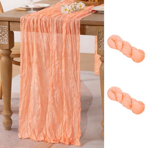 2 Pack Peach Pink Cheesecloth Table Runner 10ft Coral Sheer Gauze Decor