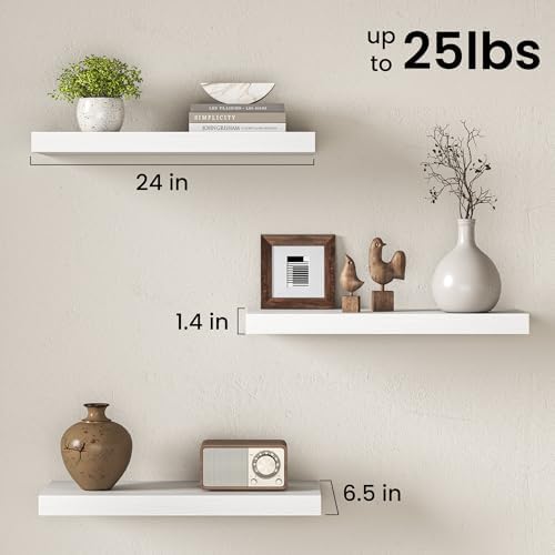 Fun Memories 24 Inch Deep Floating Shelves, Set of 2 Rustic Wood Wall Mounted Shelves with Invisible Brackets, Storage Bookshelf for Living Room, Bathroom, Bedroom and Kitchen, White