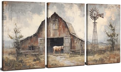 Vintage Farmhouse Wall Art Western Country Canvas Pictures for Living Room Rustic Cottage Painting Poster Windmill Barn Cow Prints Nature Landscape Canvas Artwork Bedroom Home Decorations 12x16" 3Pcs