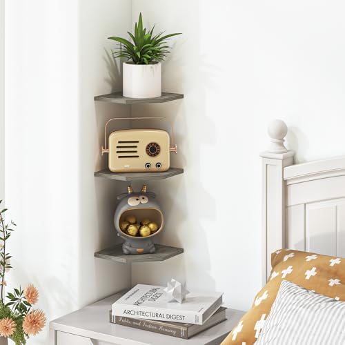 Fun Memories Corner Shelf Wall Mount, Floating Corner Shelves, Set of 3 Corner Wall Shelf Organizer, Rustic Wood Wall Storage Display Shelves for Living Room Bedroom Bathroom Kitchen, Rustic Grey