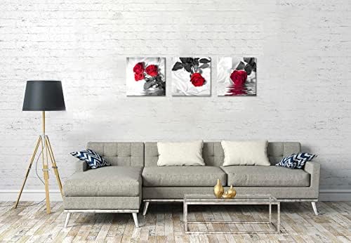 NAN Wind Canvas Print 3 Pcs Red Rose Wall Decor Black and White Abstract Wall Art for Modern Home Decor for Living Room Stretched and Framed Flower Picture on Canvas (16X16inchX3pcs, Red Rose)