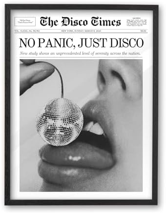 iHery 16x20in No Panic Just Disco Black Framed Newspaper Wall Art | Premium Black Natural OAK Wood Frame with Canvas Print, Retro Disco Ball Decor for Bedroom, Girl Dorm, Living Room 1Pack