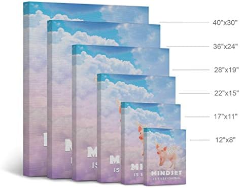 Smile Art Design Mindset is Everything Cute Pig with Wings Flying in Sky Motivational Canvas Wall Art Inspirational Wall Art Entrepreneur Quote Print Office Living Room Decor Gift Ready to Hang 17x11