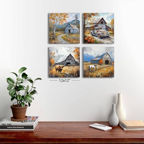 Highland Cow Wall Art Country Barn Wall Decor for Kitchen Rustic Windmill Truck Canvas Pictures Farmhouse Landscape Painting Farm Animals Horse Artwork Dining Living Room Home Decoration 12x12" 4Pcs