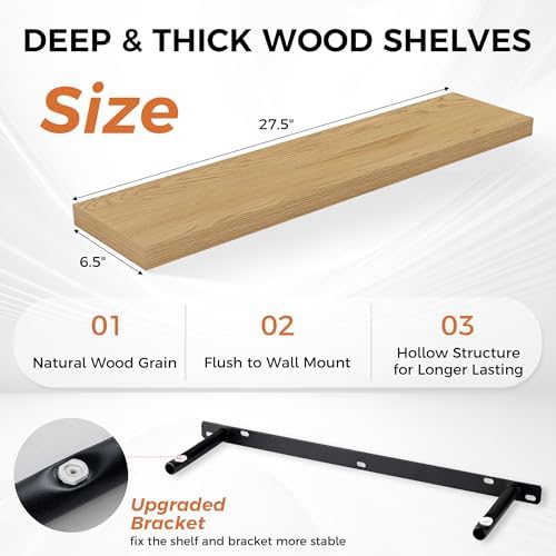 Fun Memories 27.5 Inch Deep Floating Shelves, Set of 2 Heavy Duty Wall Mounted Shelves with Invisible Brackets, Large Rustic Wood Storage Bookshelf for Living Room, Bathroom and Kitchen, Oak