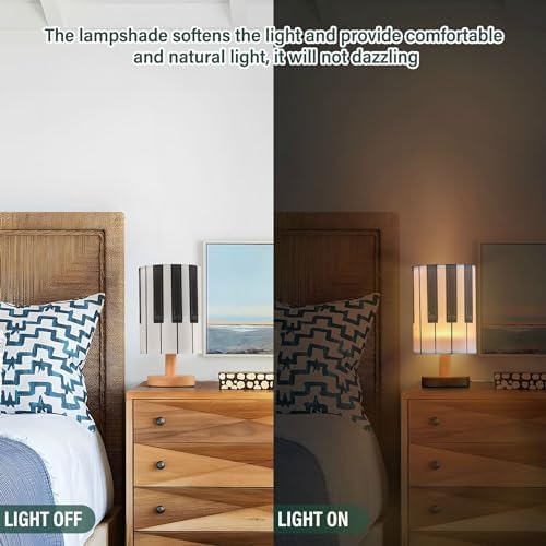 Table Lamp Piano Key Black and White Musical Instrument Nightstand Lamp with Wood Base Fabric Lamp Shade Bedside Desk Lamp for Living Room Bedroom Kids Room Office