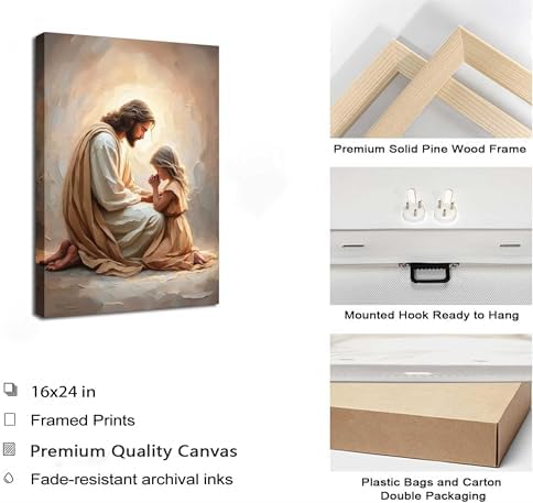 Jesus Wall Art with Girl Praying, Christian Canvas Print, Framed, 16x24 in | Faith-filled imagery brings comfort and hope to bedrooms, prayer rooms, churches, nurseries, or quiet reflection spaces.