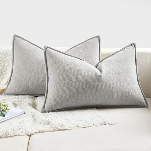 MIULEE Pack of 2 Light Grey Decorative Lumbar Chenille Pillow Covers 12x20
